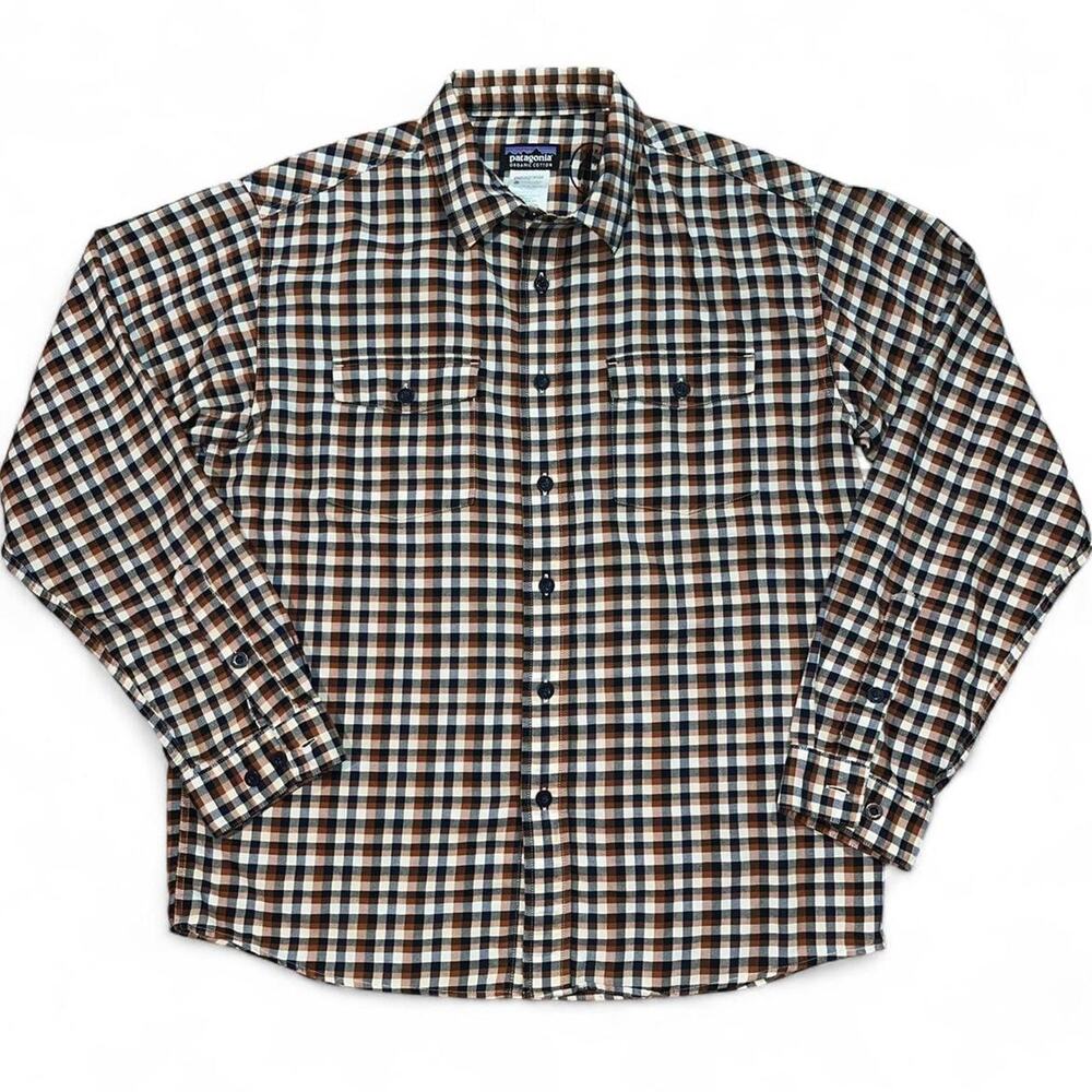 Patagonia Shirt Mens M Brown Navy Plaid Organic Cotton Long Sleeve Button Up